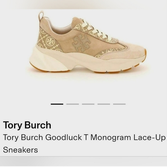 Tory Burch Goodluck T-Monogram Lace Up Sneakers 100% Leather Light Biege US 9.5 - Picture 3 of 16